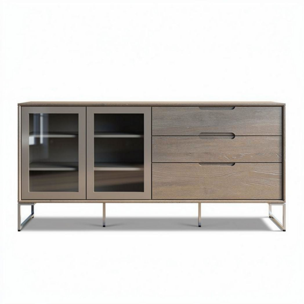 Nowoczesna witryna z drewna i metalu 150 x 45 x 75cm szara