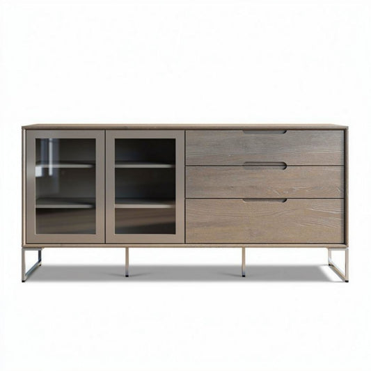 Nowoczesna witryna z drewna i metalu 150 x 45 x 75cm szara